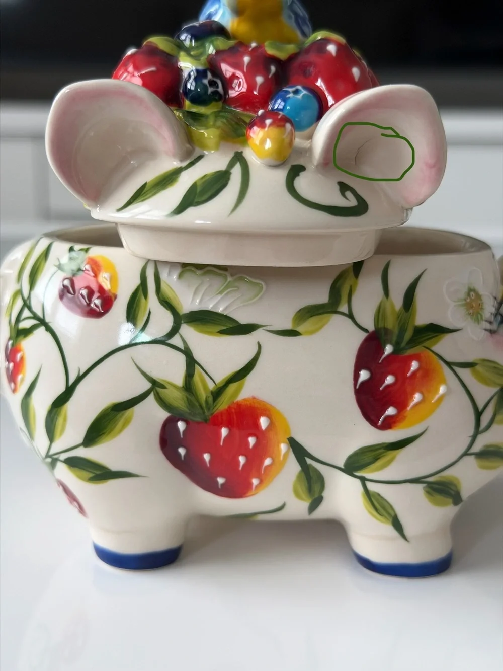 Blue Sky Heather J. McCall 2004 Hand-Painted Strawberry Pig Sugar Bowl Jam Pot